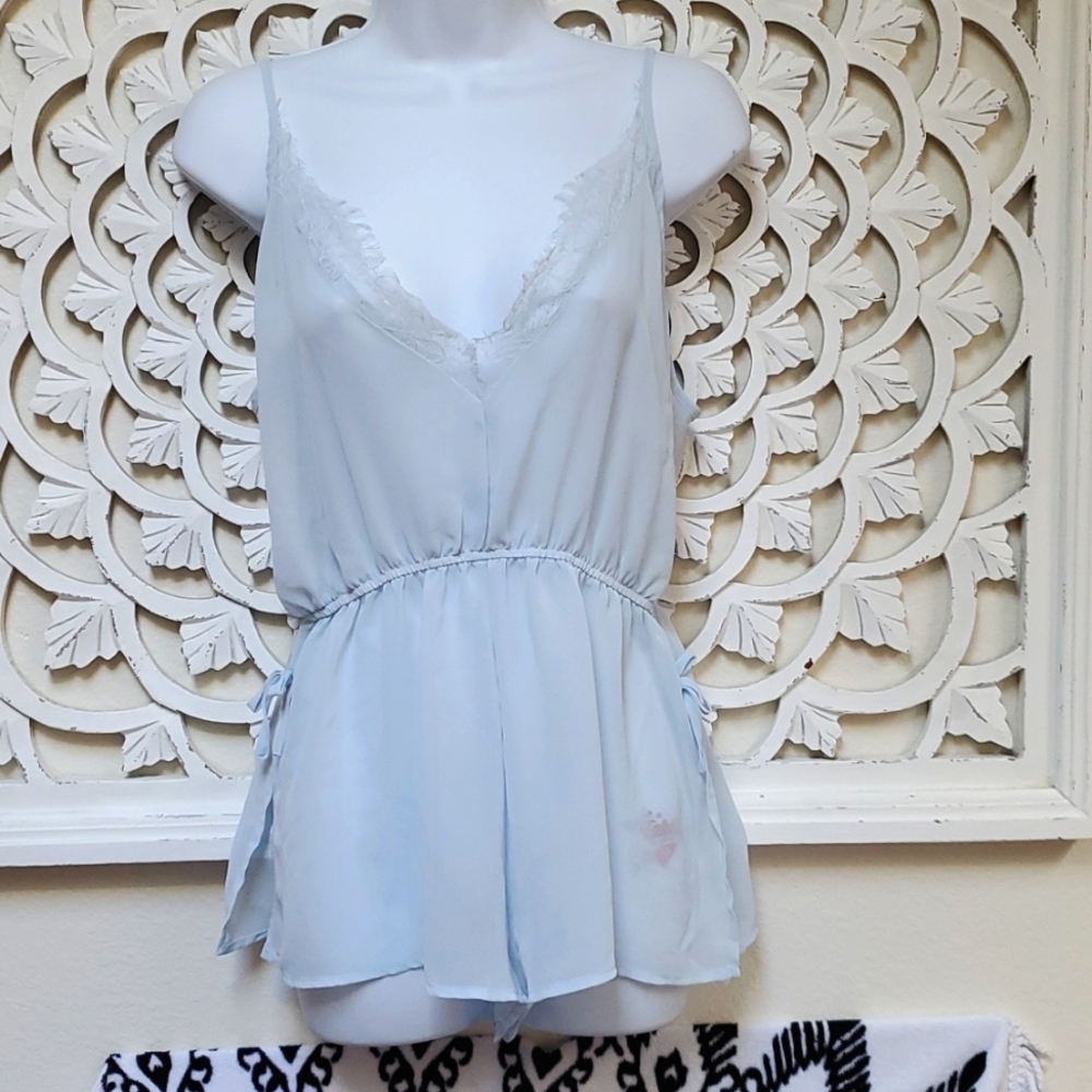 Baby Blue Teddy Sheer Lace Romper Forever 21 L Large Lingerie